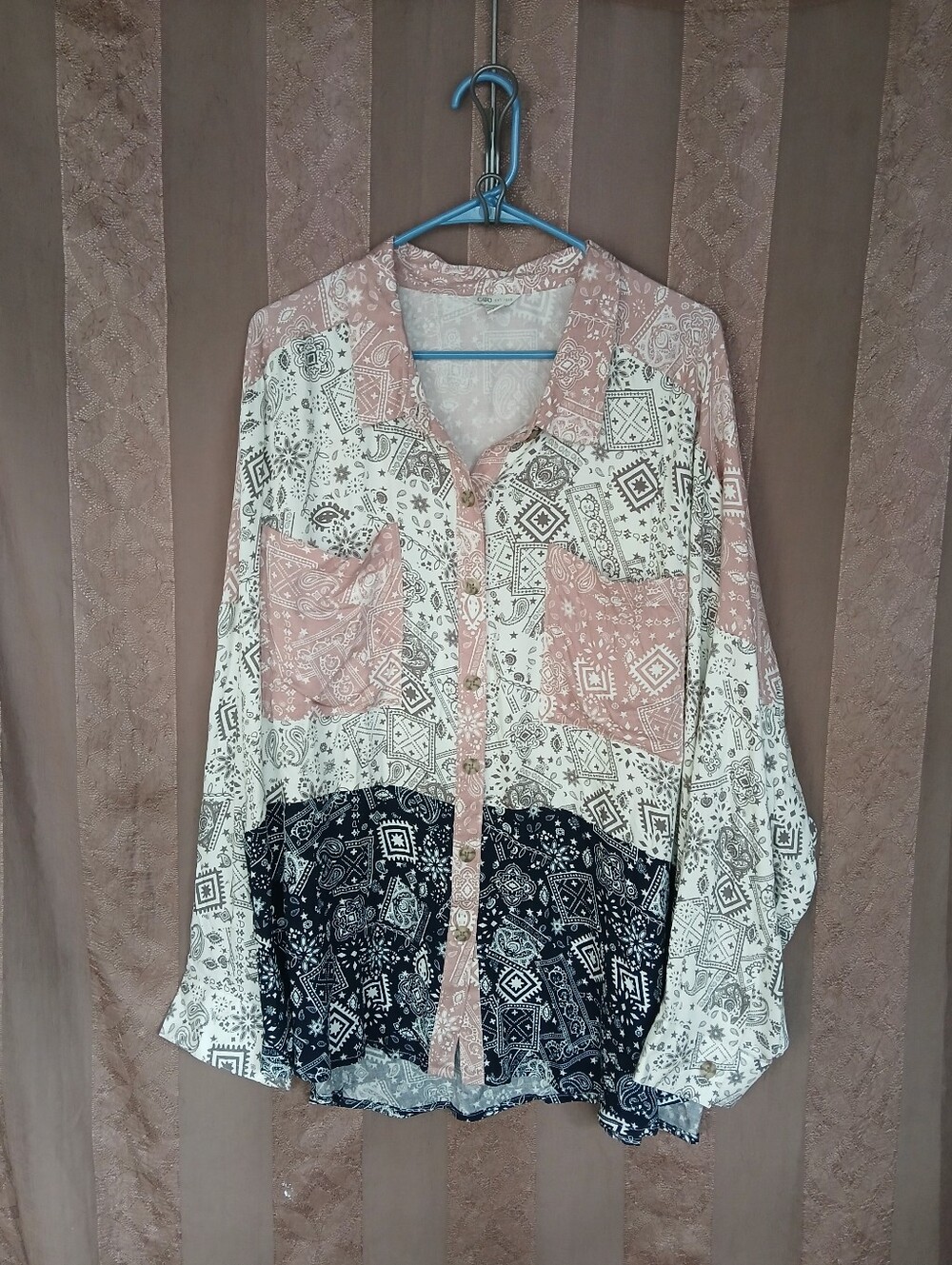 đ CATO Womenâs Top Patchwork Bandana Print Button-Up Shirt